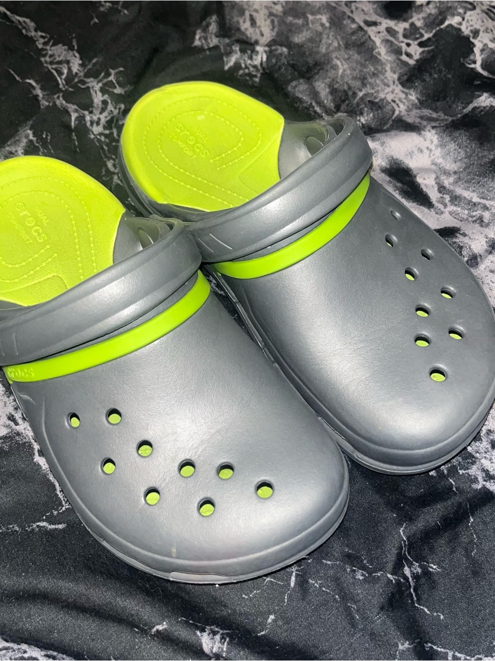 Rare Crocs duo sport Grey and Neon Green Slip-On Clogs - dual Comfort m5 w7